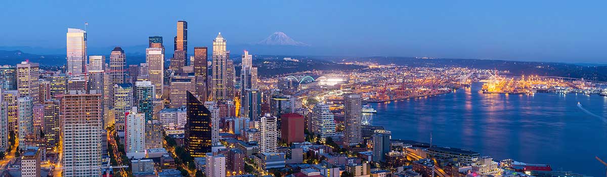 Aerial view of Seattle looking south toward Mt. Rainier