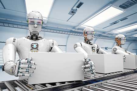 Robots work on a futuristic production line, relying on artificial intelligence to guide their work.