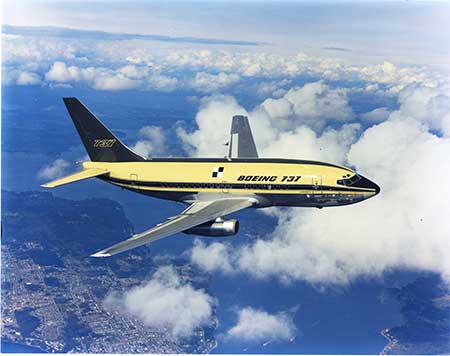 The prototype of the Boeing 737 on a test flight.