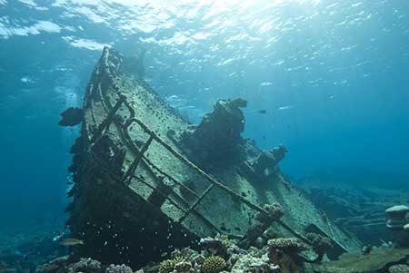 A shipwreck comes into view of a submersible sub.