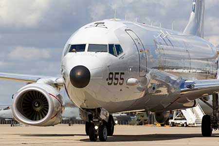 A Boeing Poseidon surveillance aircraft readies for takeoff.