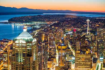 The Seattle skyline at sunset.