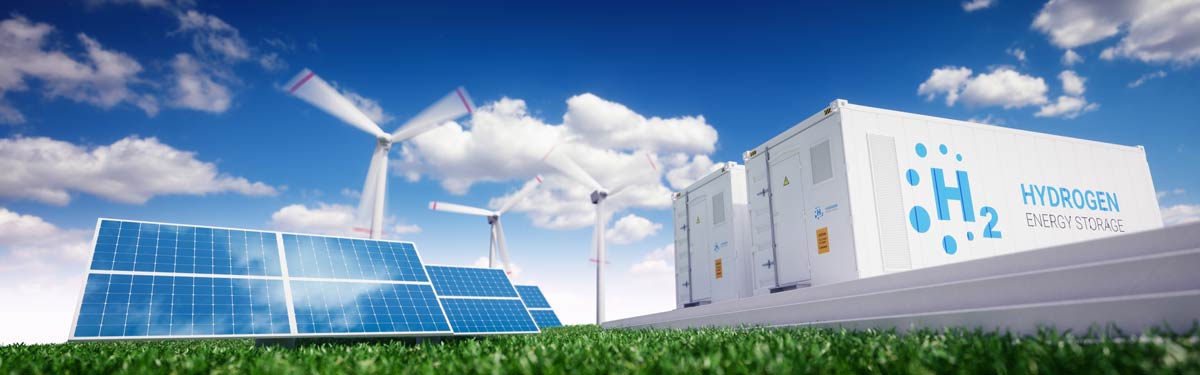 A montage of clean energy technologies, including solar, wind and hydrogen